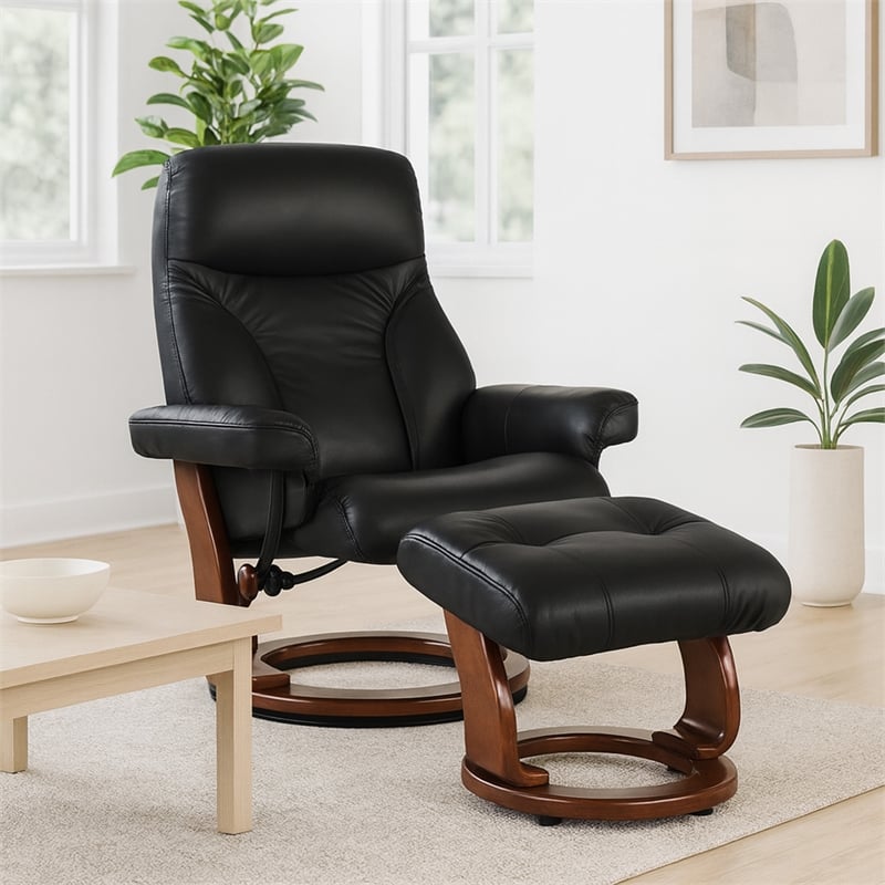 Pemberly Row Contemporary Black Leather Swivel Recliner with Matching Ottoman