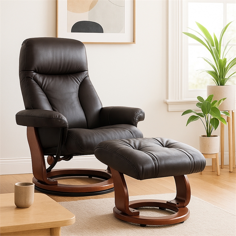 Pemberly Row Contemporary Brown Leather Swivel Recliner with Matching Ottoman