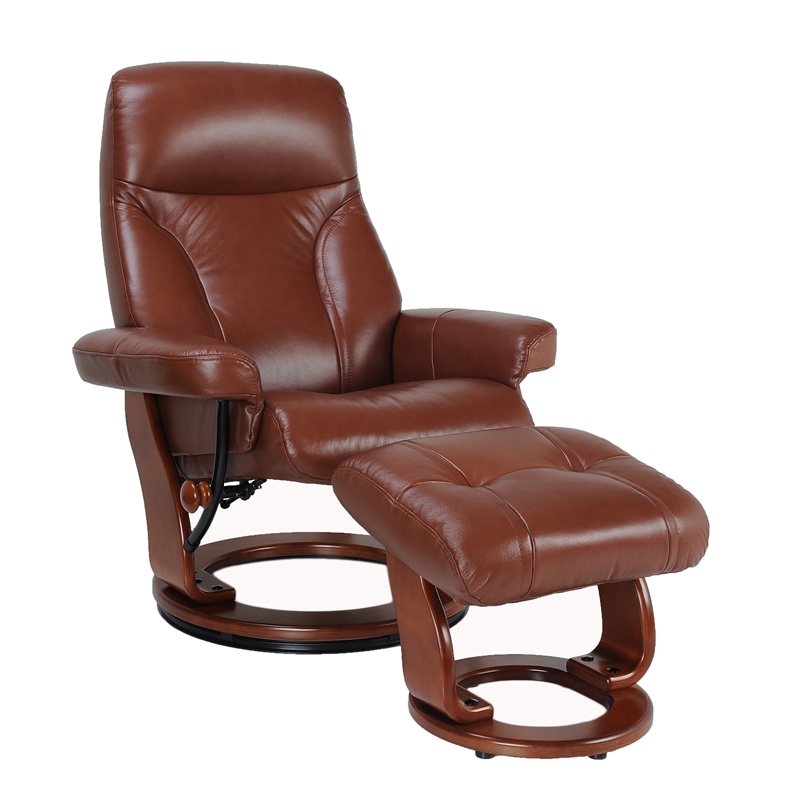 Pemberly Row Contemporary Brown Leather Swivel Recliner with Matching Ottoman