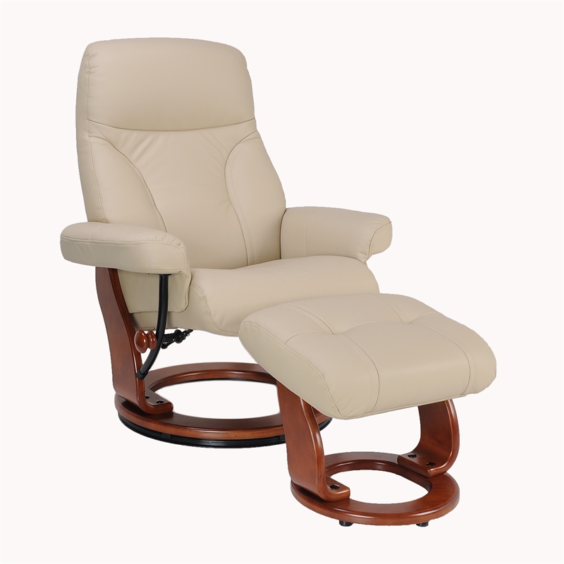 Pemberly Row Contemporary Taupe Leather Swivel Recliner with Matching Ottoman