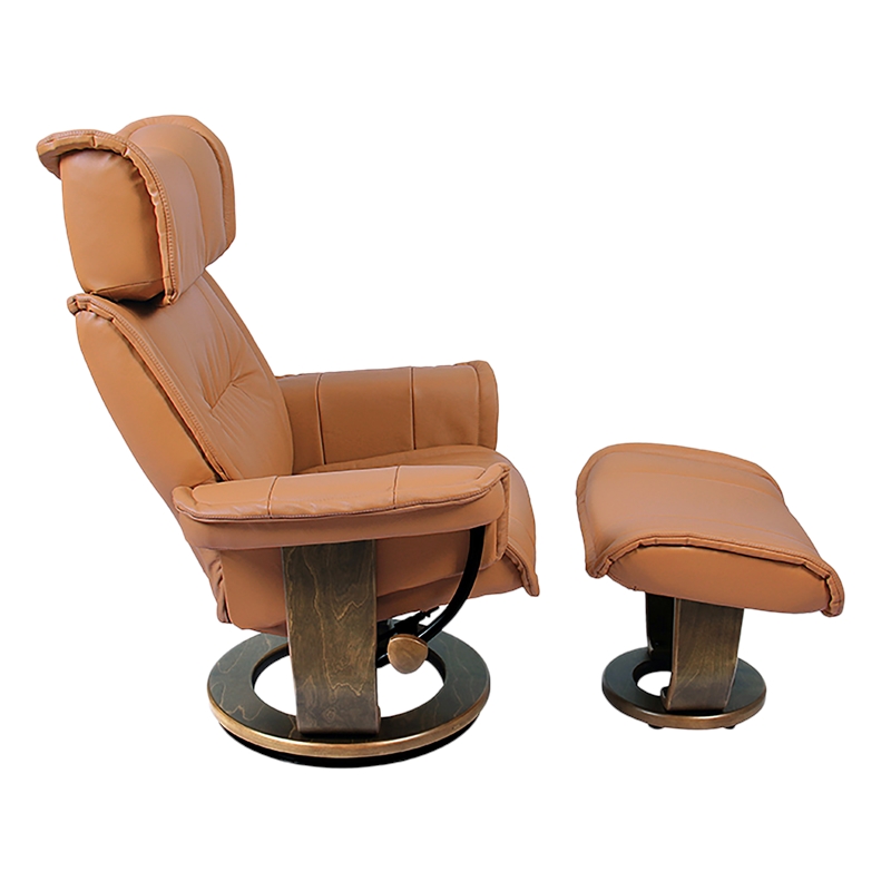 Pemberly Row Contemporary Caramel Leather Swivel Recliner with Matching Ottoman