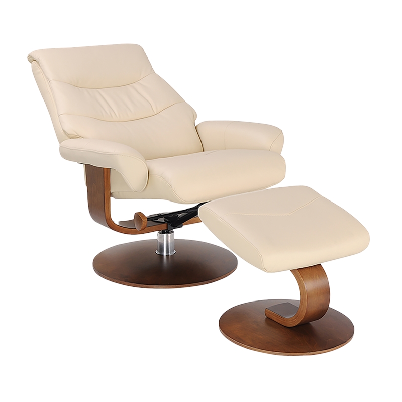 Pemberly Row Contemporary Beige Leather Swivel Recliner with Matching Ottoman