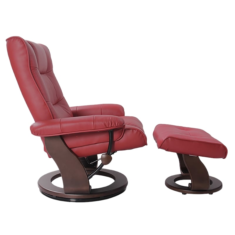 Pemberly Row Contemporary Red Leather Swivel Recliner with Matching Ottoman