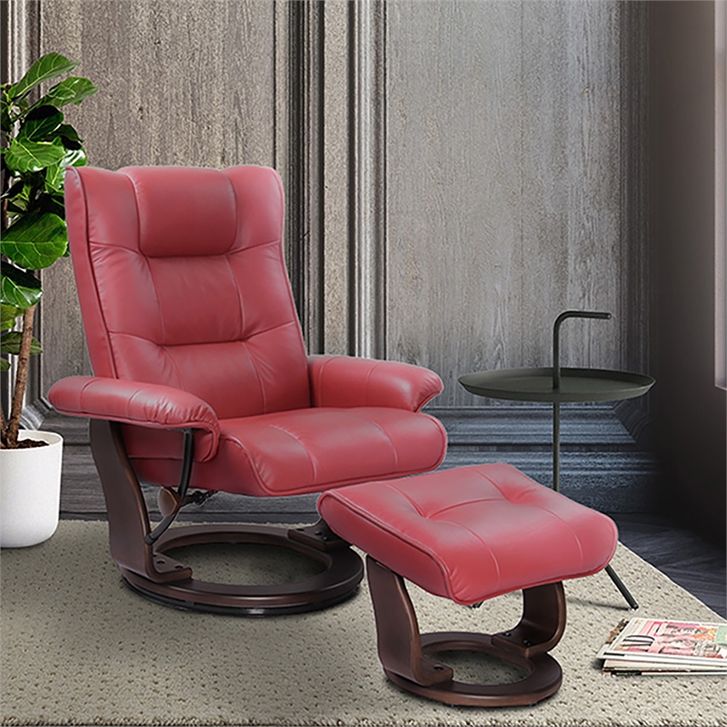 Pemberly Row Contemporary Red Leather Swivel Recliner with Matching Ottoman