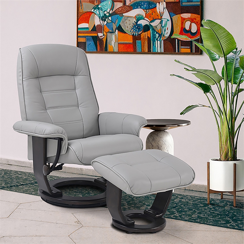 Pemberly Row Contemporary Gray Leather Swivel Recliner with Matching Ottoman