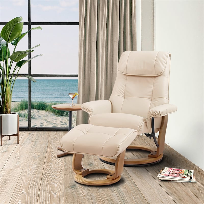 Pemberly Row Contemporary Cream Leather Swivel Recliner with Matching Ottoman