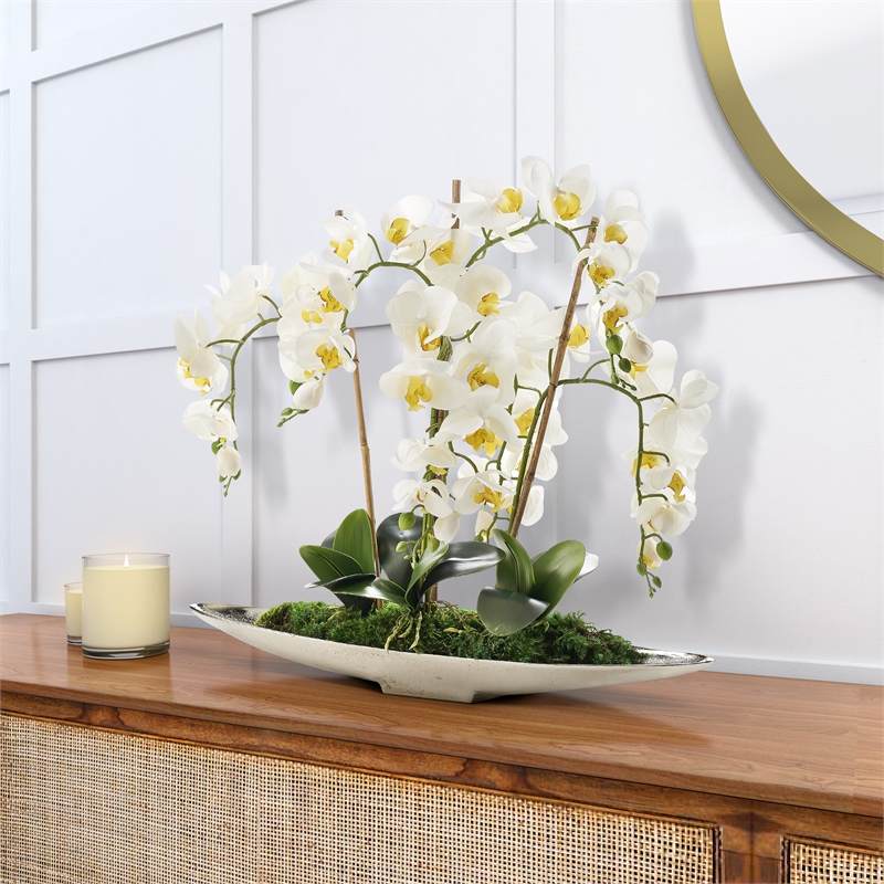 Pemberly Row Contemporary White Real-Touch Orchids in Silver Denver Boat