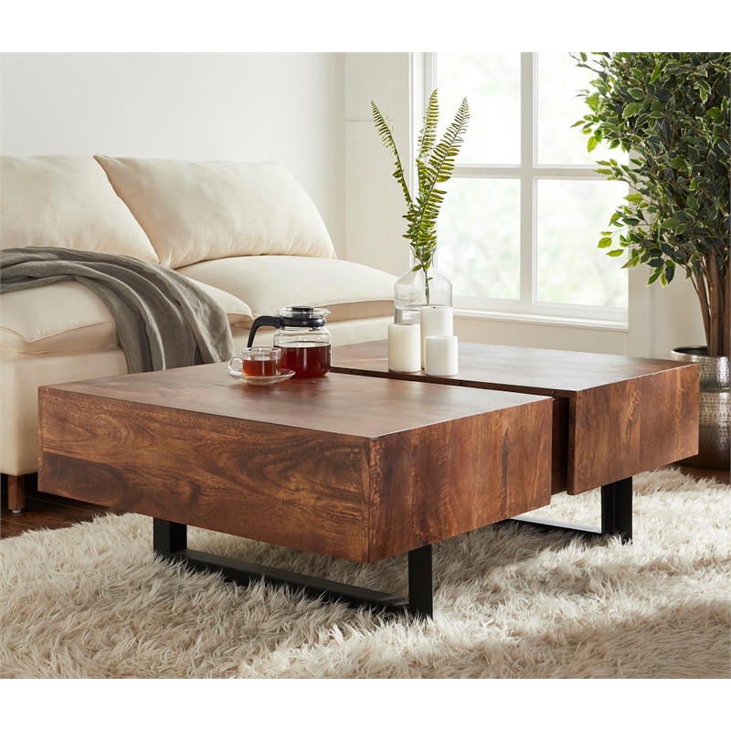 Pemberly Row Contemporary Glide Coffee Table with sliding top in Walnut finish
