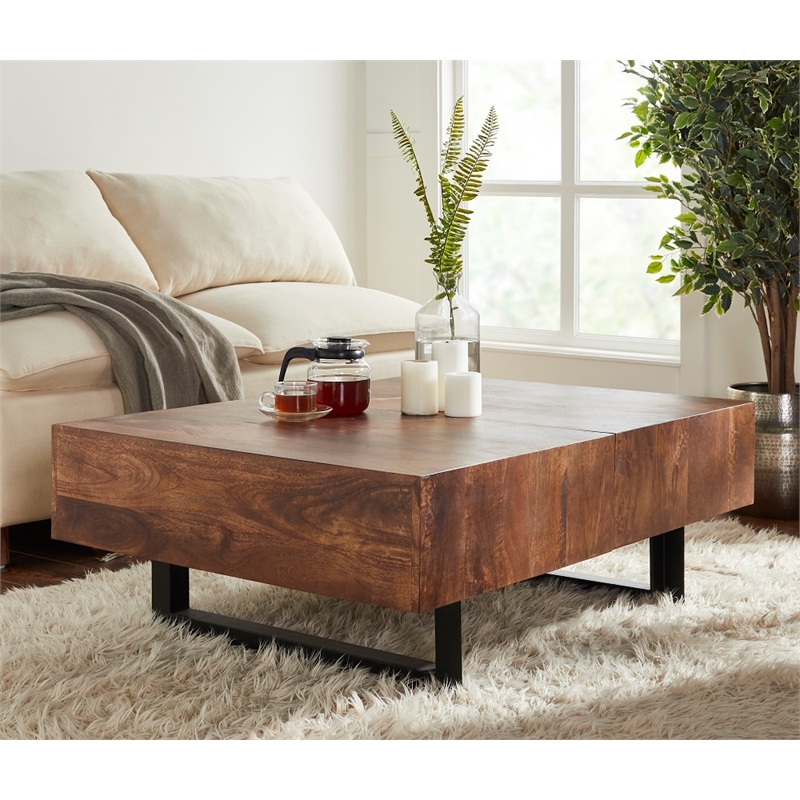 Pemberly Row Contemporary Glide Coffee Table with sliding top in Walnut finish