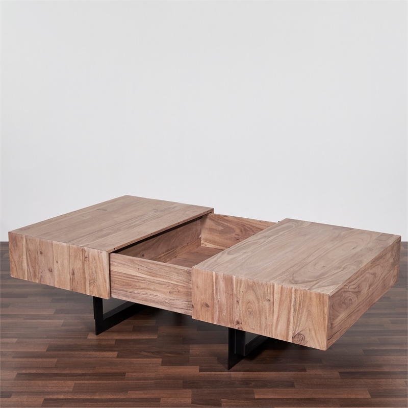 Pemberly Row Contemporary Glide Coffee Table with sliding top in Natural finish