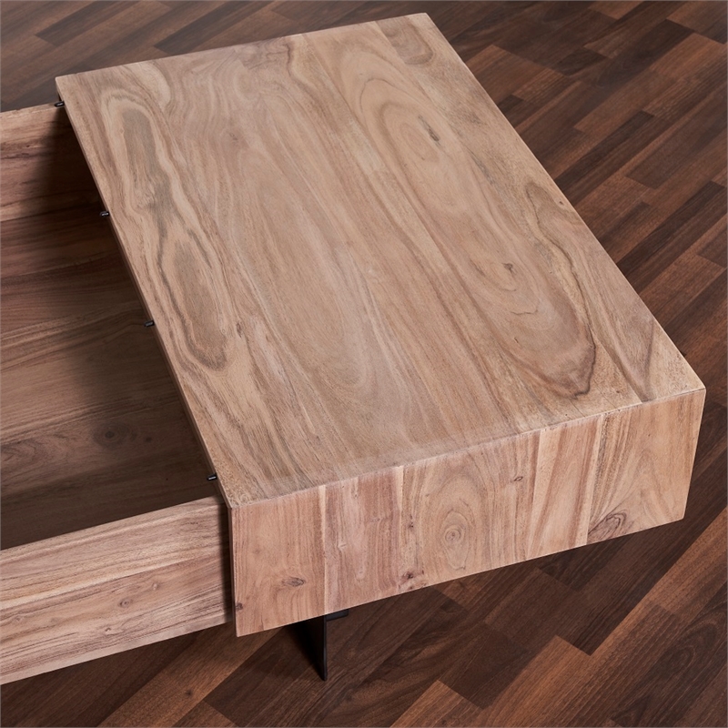 Pemberly Row Contemporary Glide Coffee Table with sliding top in Natural finish