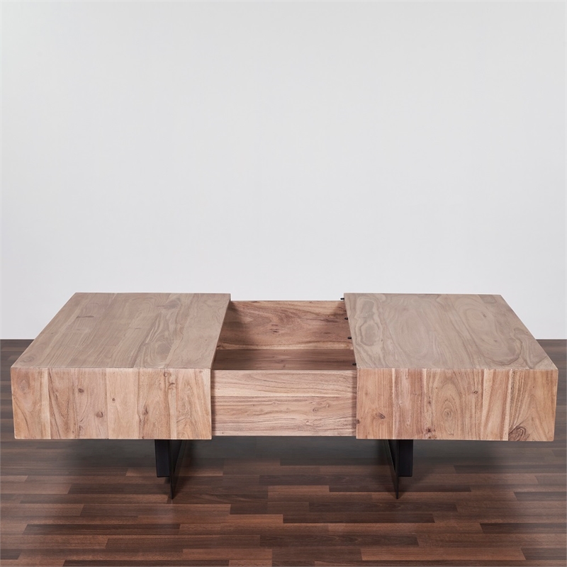 Pemberly Row Contemporary Glide Coffee Table with sliding top in Natural finish