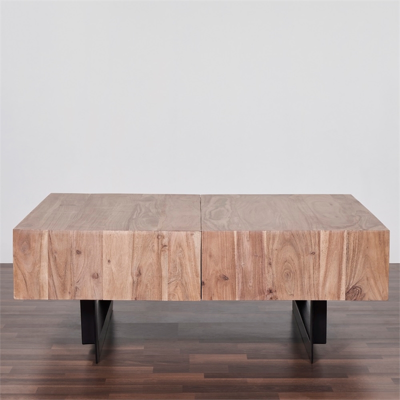 Pemberly Row Contemporary Glide Coffee Table with sliding top in Natural finish