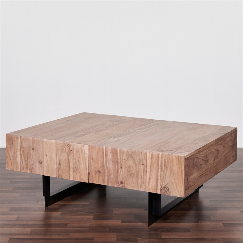 Pemberly Row Contemporary Glide Coffee Table with sliding top in Natural finish