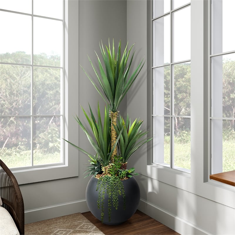 Pemberly Row 5' Sisal and Assorted Succulents in Black Porter Planter