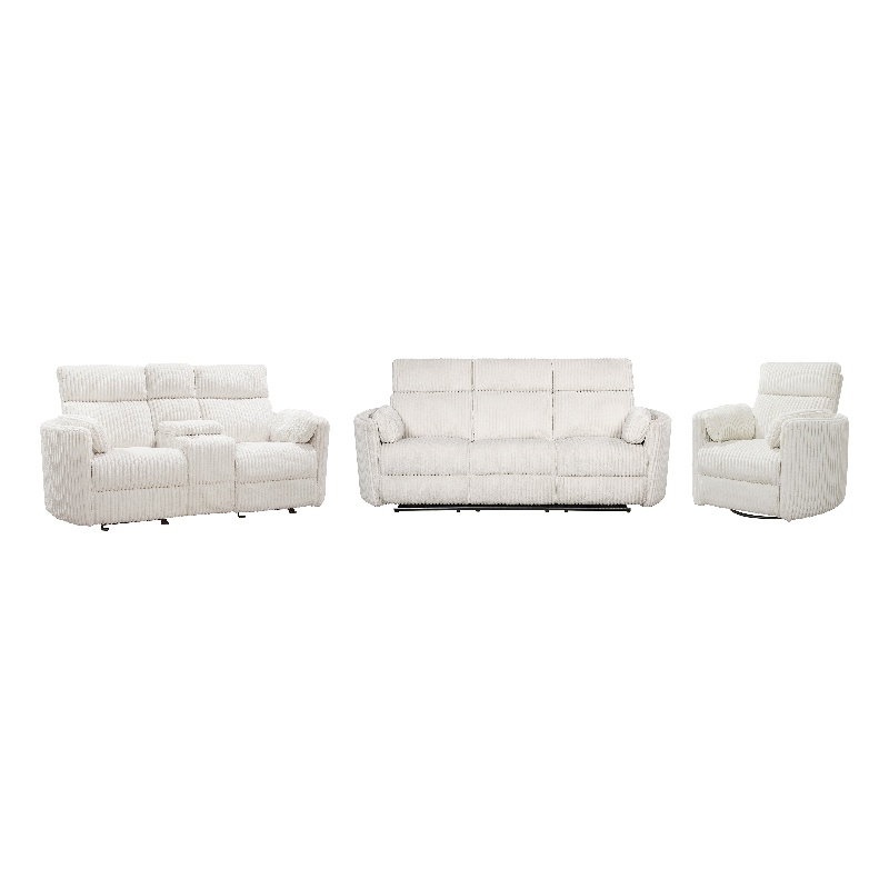 Pemberly Row Mega Ivory Power Glider Reclining Sofa and Loveseat and Recliner