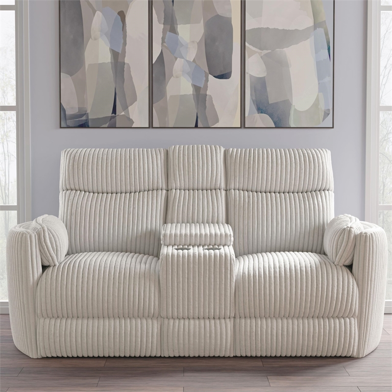 Pemberly Row Fabric Power Glider Reclining Console Loveseat in Ivory