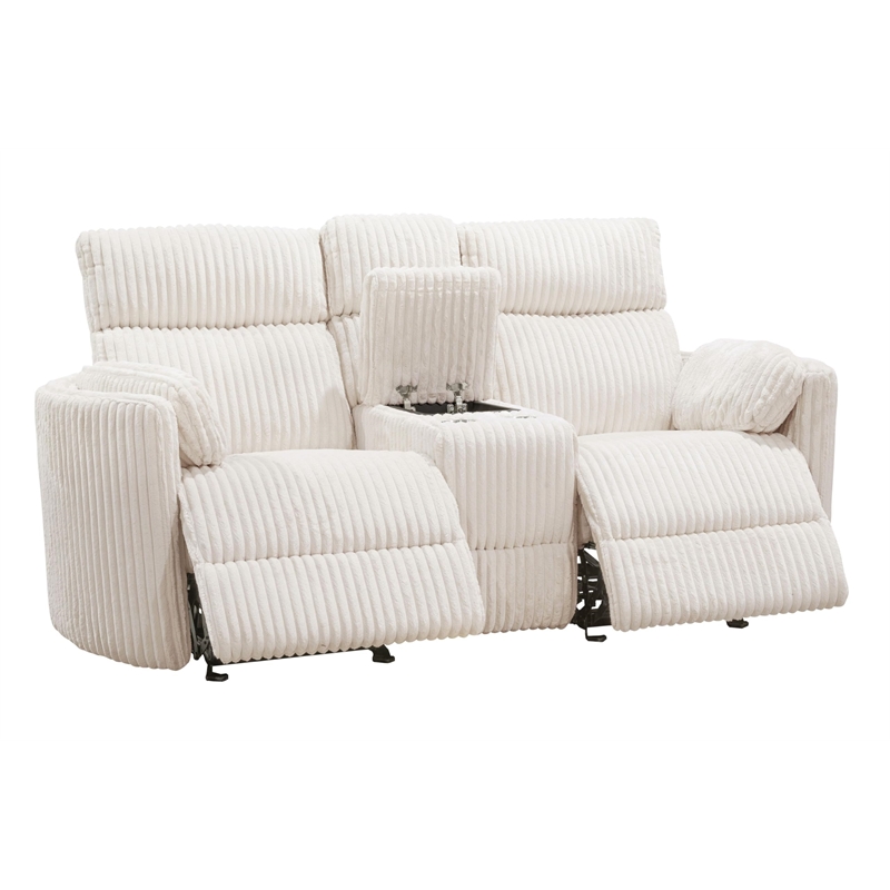 Pemberly Row Fabric Power Glider Reclining Console Loveseat in Ivory