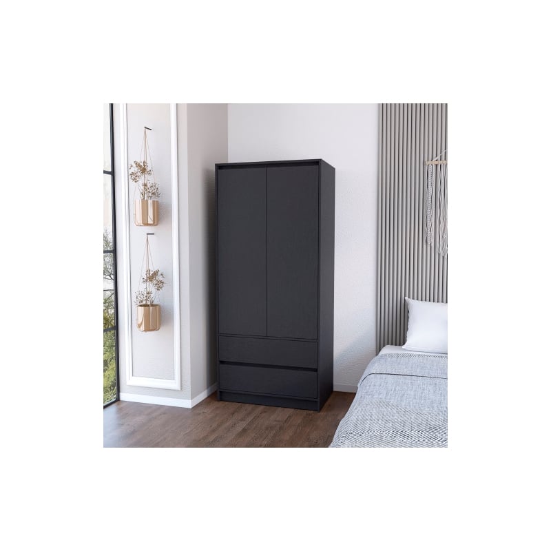 Pemberly Row Contemporary Engineered Wood Armoire with 2-Drawers in Black