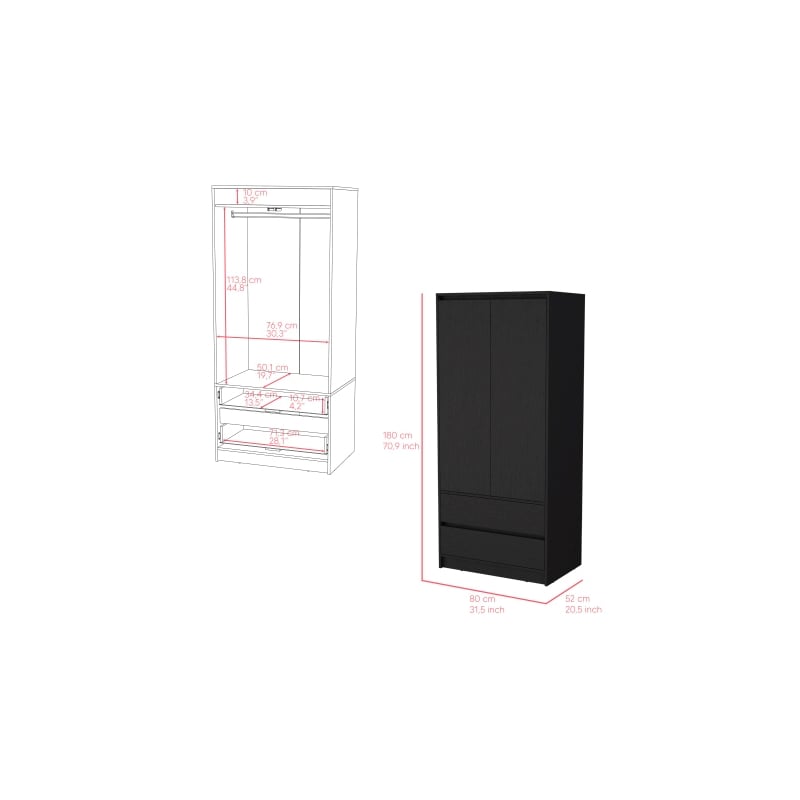 Pemberly Row Contemporary Engineered Wood Armoire with 2-Drawers in Black