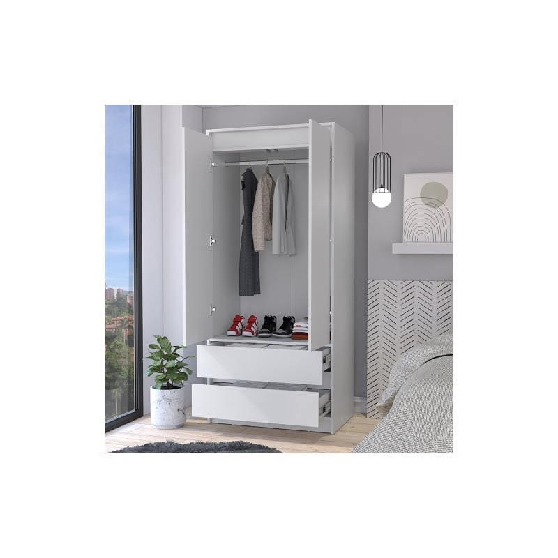 Pemberly Row Contemporary Engineered Wood Armoire with 2-Drawers in White
