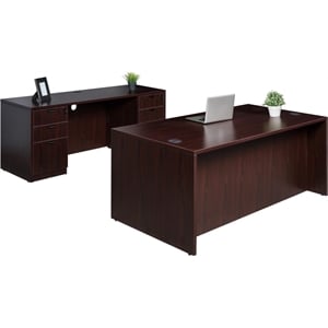 Pemberley Row Engineered Wood Mahogany Desk and Credenza Rectangular Scratch Resistant 84&quot x 66&quot x 29.5&quot Unassembled