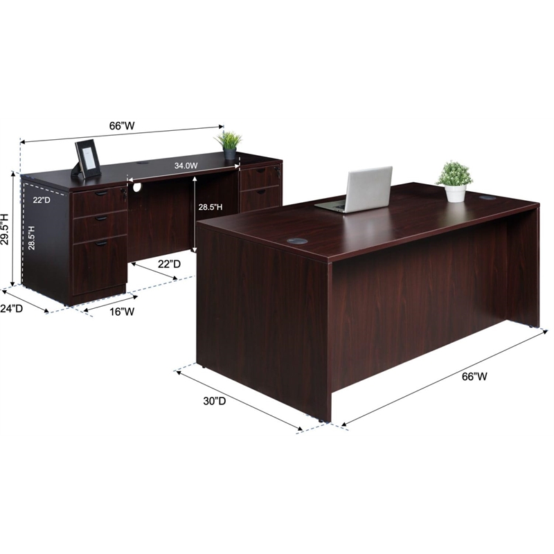 Pemberly Row Contemporary Desk and Credenza with 2 Pedestals in Mahogany
