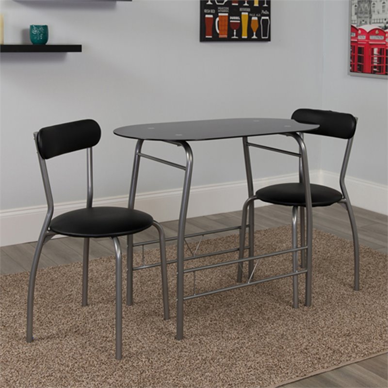 Pemberly Row Contemporary 3 Piece Glass Top Bistro Set in Black