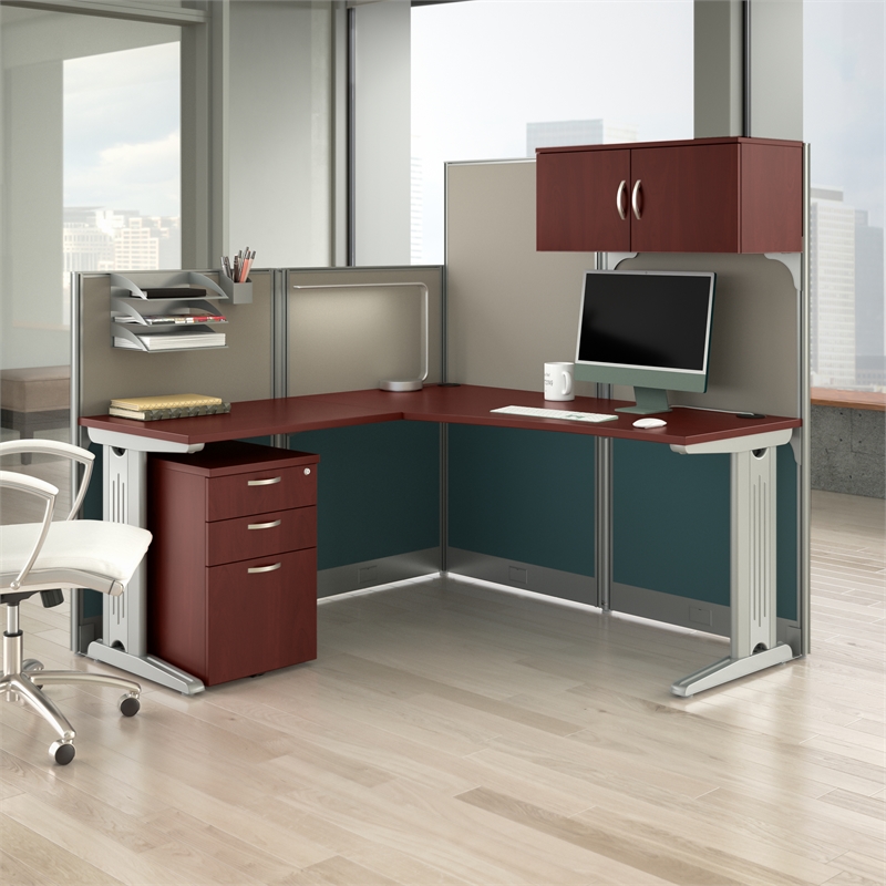 Pemberly Row L- Shaped Cubicle Desk Set in Hansen Cherry - Engineered Wood
