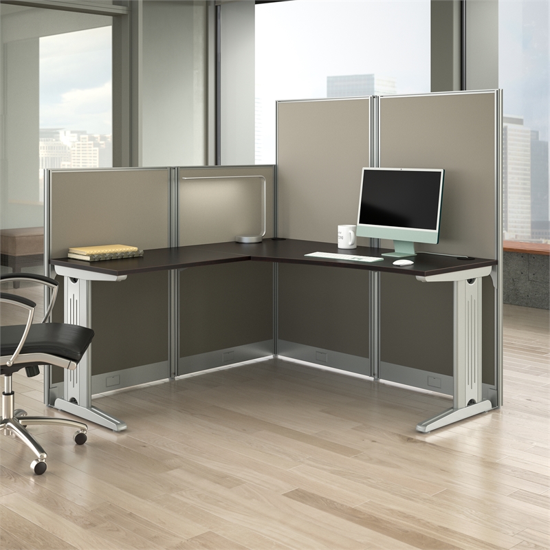 Pemberly Row 65W L-Shaped Cubicle Desk in Mocha Cherry - Engineered Wood