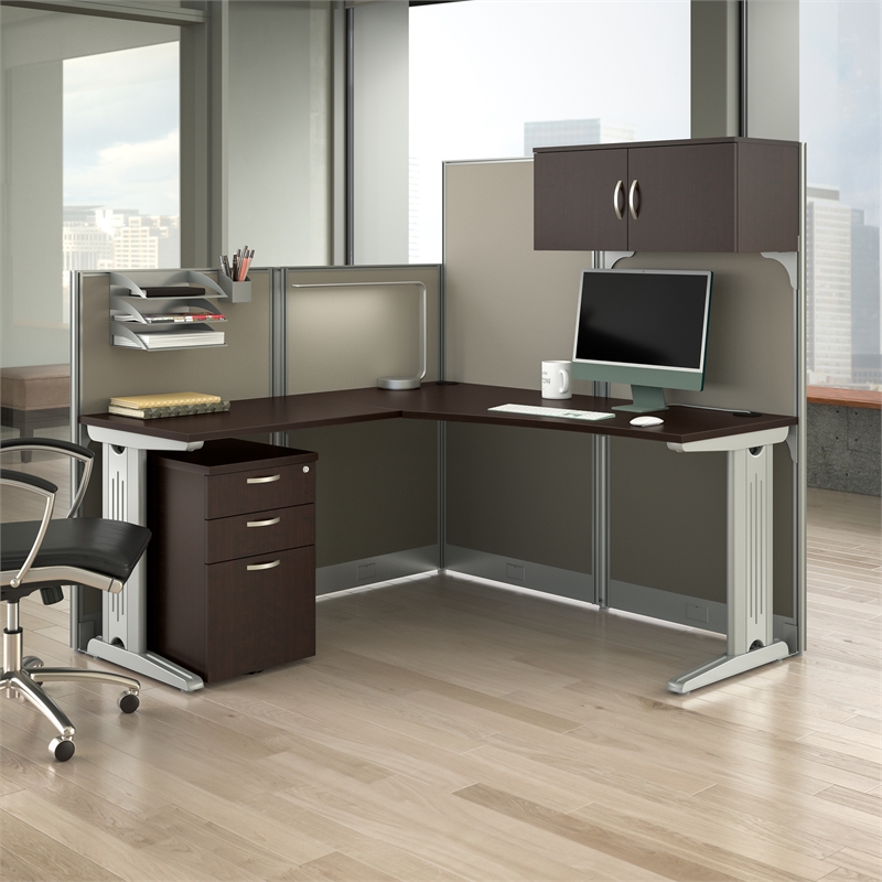 Pemberly Row L-Shaped Cubicle Desk Set in Mocha Cherry - Engineered Wood