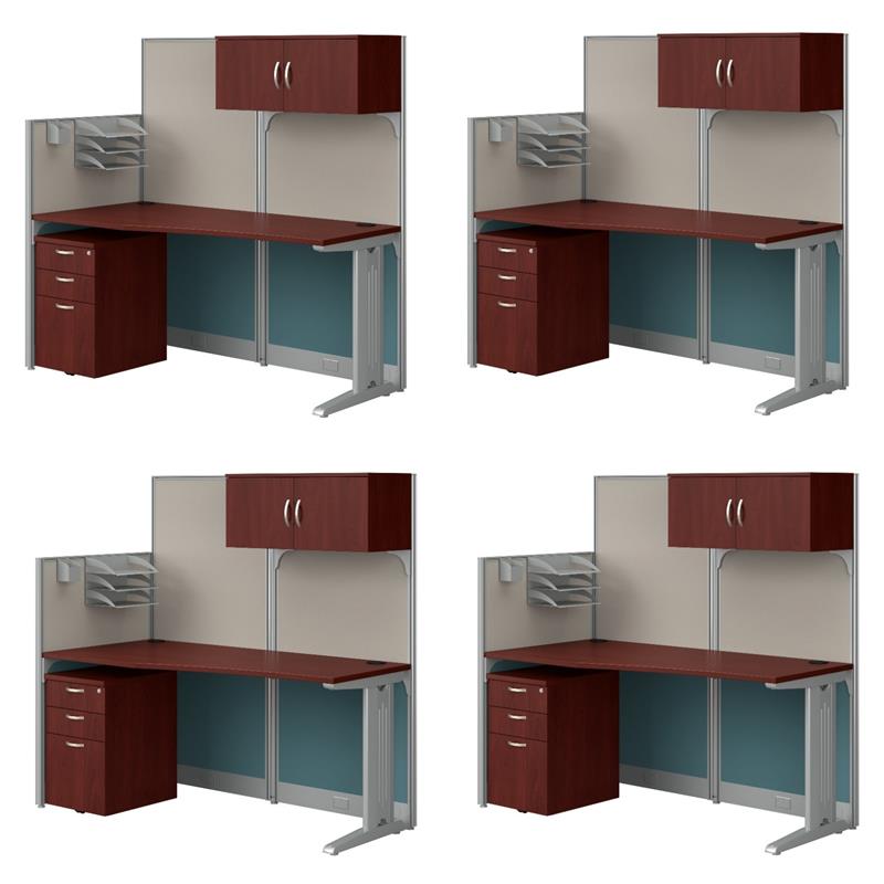 Pemberly Row Set of 4 Engineered Wood Cubicle Desk with Storage in Hansen Cherry