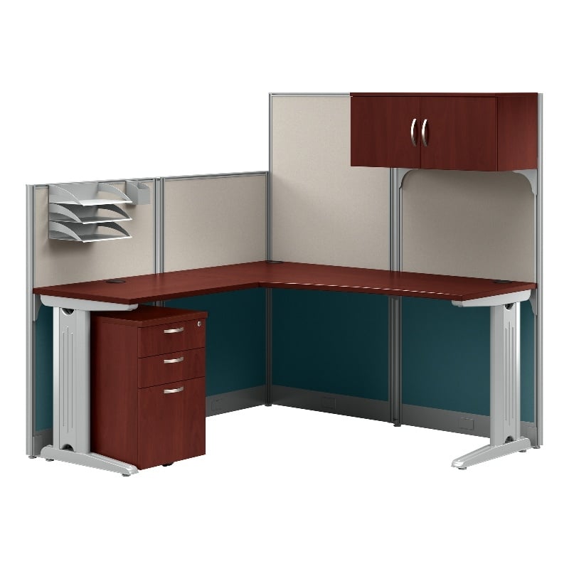 Pemberly Row Set of 4 Engineered Wood L Shaped Cubicle Desk Set in Hansen Cherry