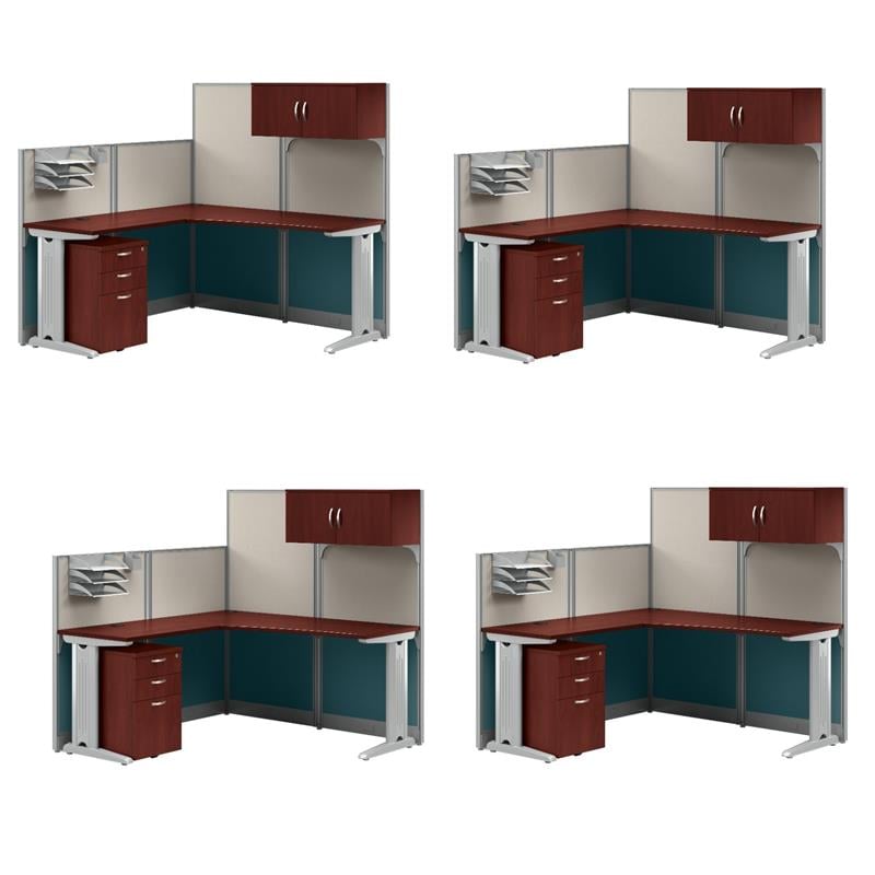 Pemberly Row Set of 4 Engineered Wood L Shaped Cubicle Desk Set in Hansen Cherry