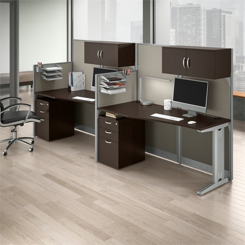 Pemberly Row Set of 4 Engineered Wood Cubicle Desk with Storage in Mocha Cherry