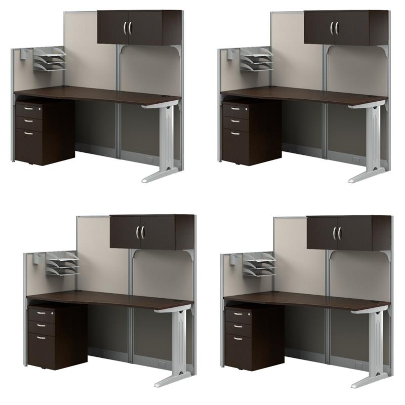 Pemberly Row Set of 4 Engineered Wood Cubicle Desk with Storage in Mocha Cherry