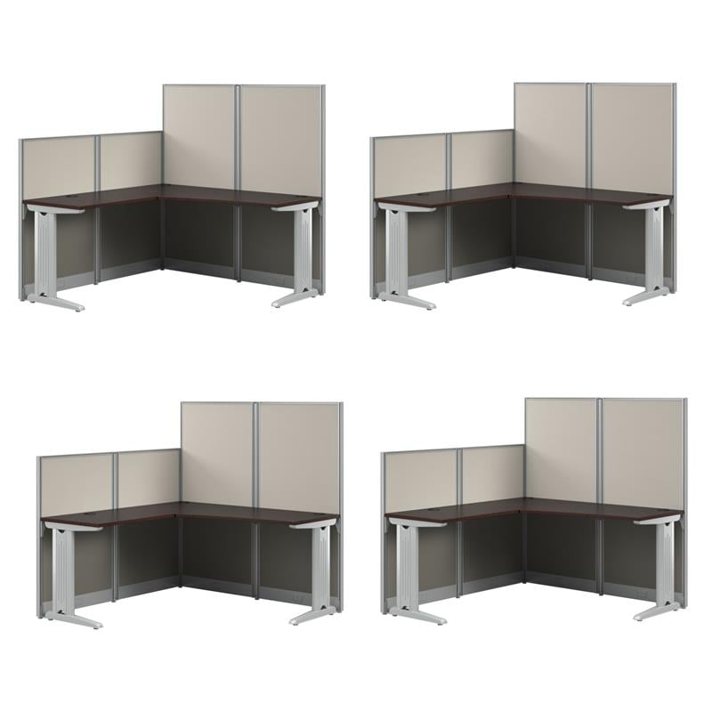 Pemberly Row Set of 4 Engineered Wood 65W L Shaped Cubicle Desk in Mocha Cherry