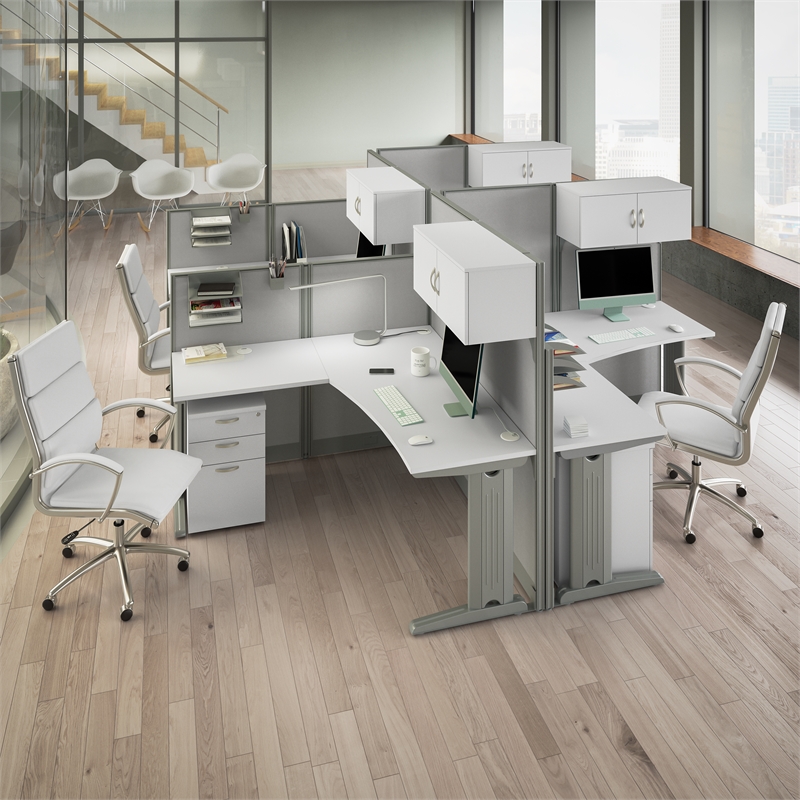 Pemberly Row Set of 4 Engineered Wood 65W L Shaped Cubicle Desk in Pure White
