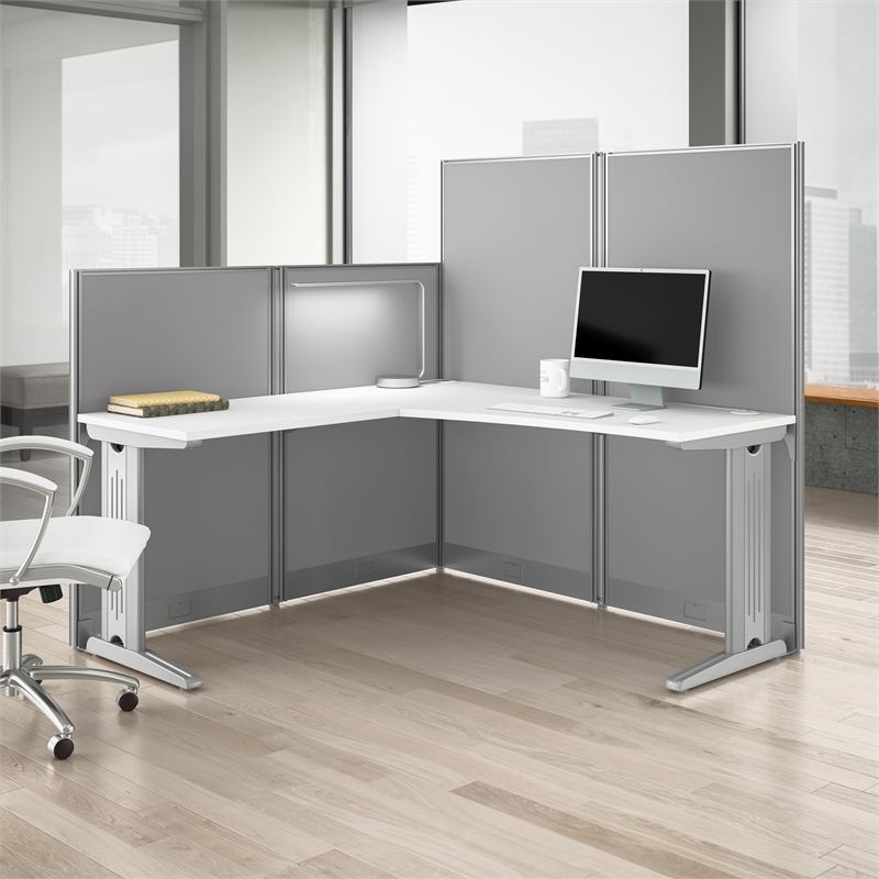 Pemberly Row Set of 4 Engineered Wood 65W L Shaped Cubicle Desk in Pure White