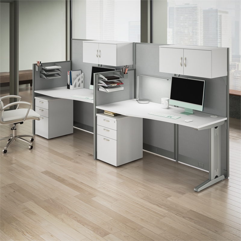 Pemberly Row Set of 4 Engineered Wood Straight Cubicle Desk in Pure White
