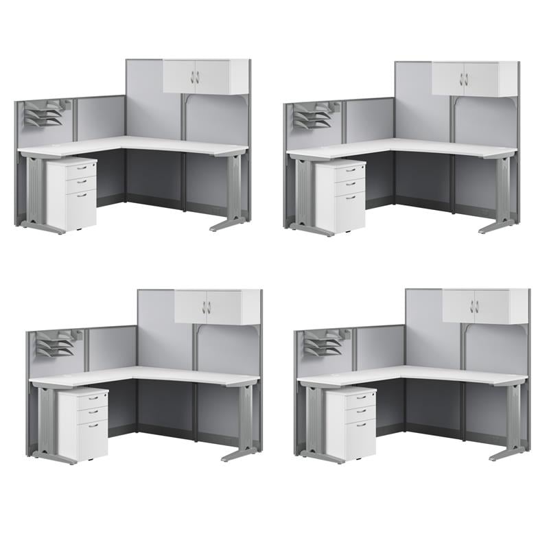 Pemberly Row Set of 4 Engineered Wood L Cubicle Desk with Storage in Pure White
