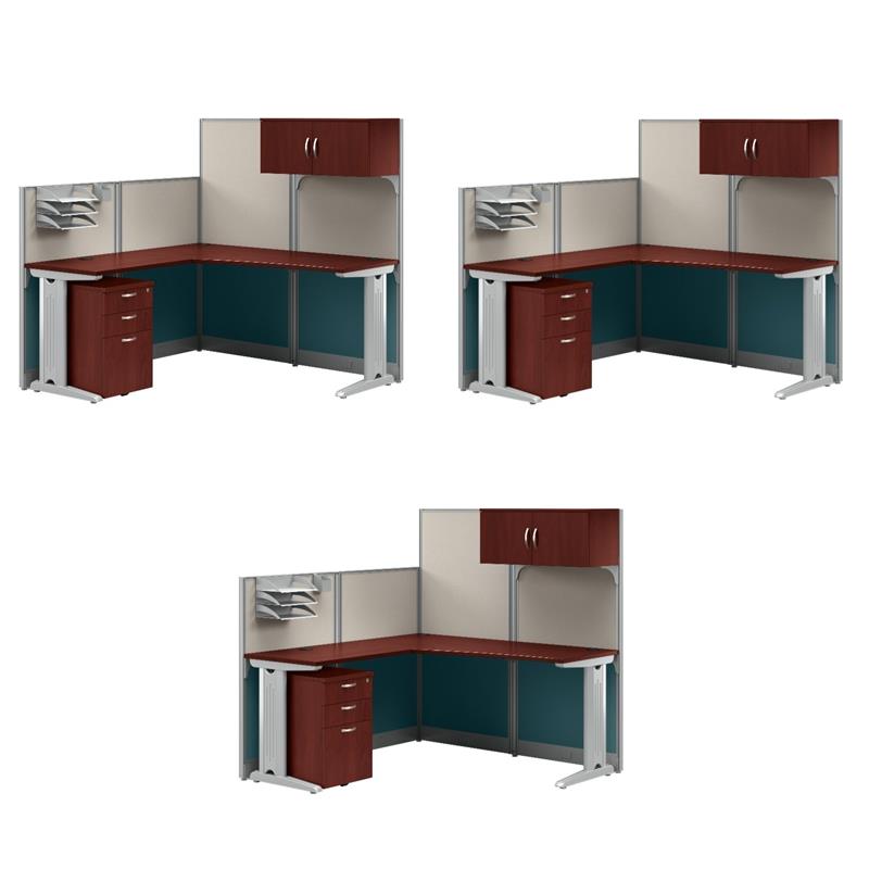 Pemberly Row Set of 3 Engineered Wood L Shaped Cubicle Desk Set in Hansen Cherry