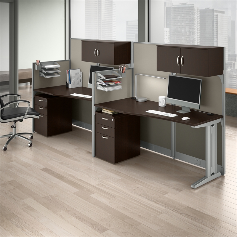Pemberly Row Set of 3 Engineered Wood Cubicle Desk with Storage in Mocha Cherry