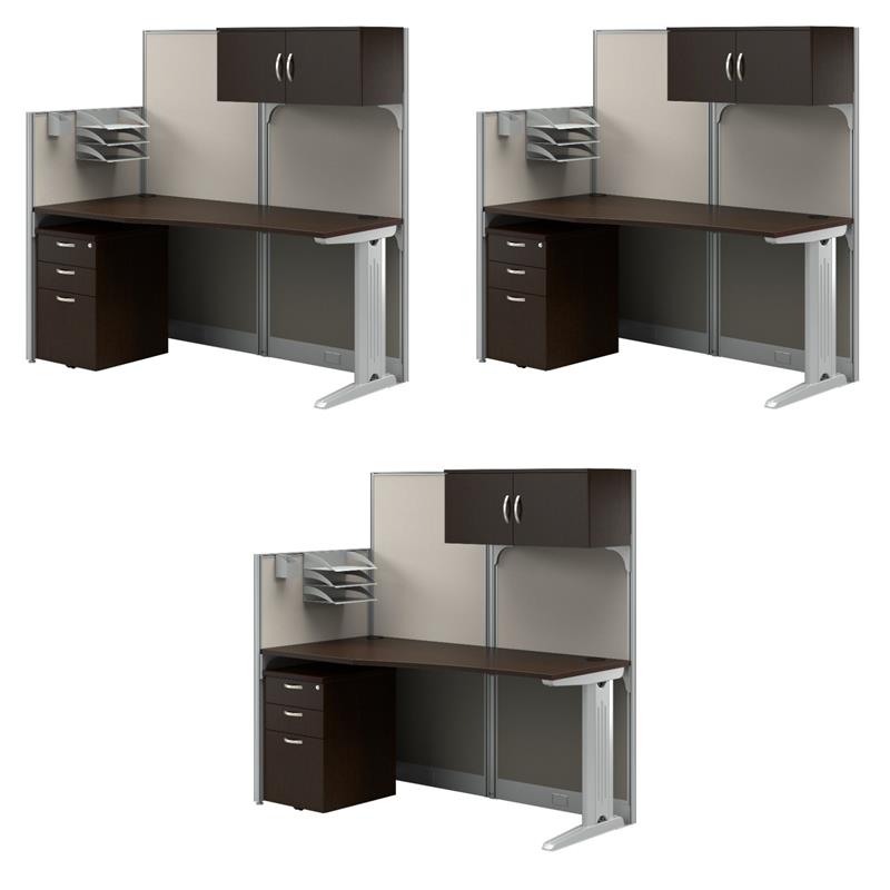Pemberly Row Set of 3 Engineered Wood Cubicle Desk with Storage in Mocha Cherry