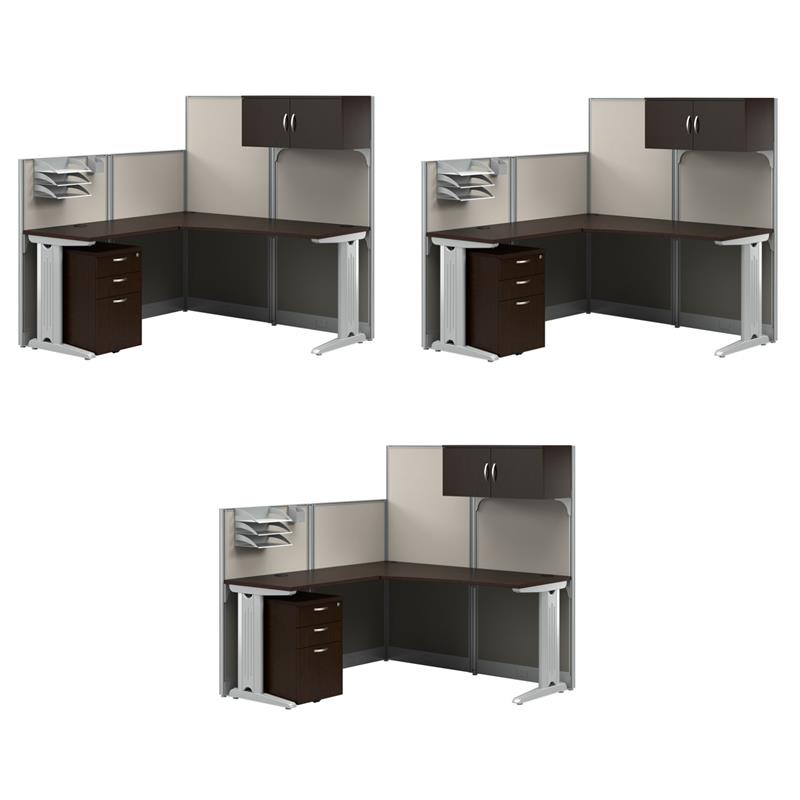 Pemberly Row Set of 3 Engineered Wood L Shaped Cubicle Desk Set in Mocha Cherry