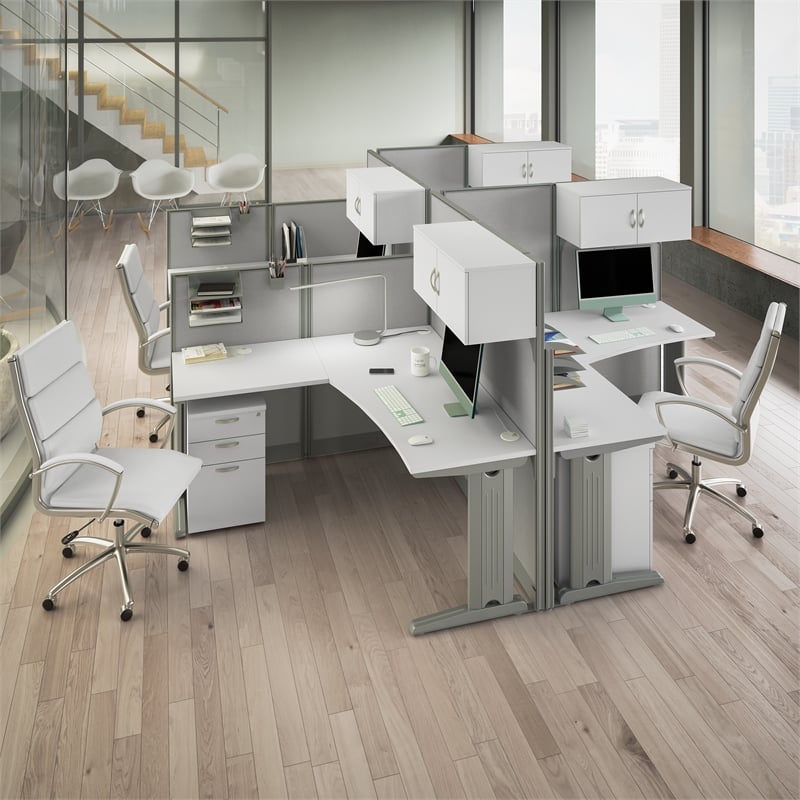 Pemberly Row Set of 3 Engineered Wood 65W L Shaped Cubicle Desk in Pure White