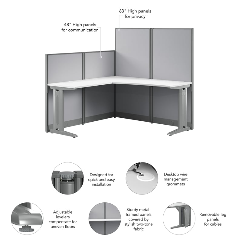 Pemberly Row Set of 3 Engineered Wood 65W L Shaped Cubicle Desk in Pure White