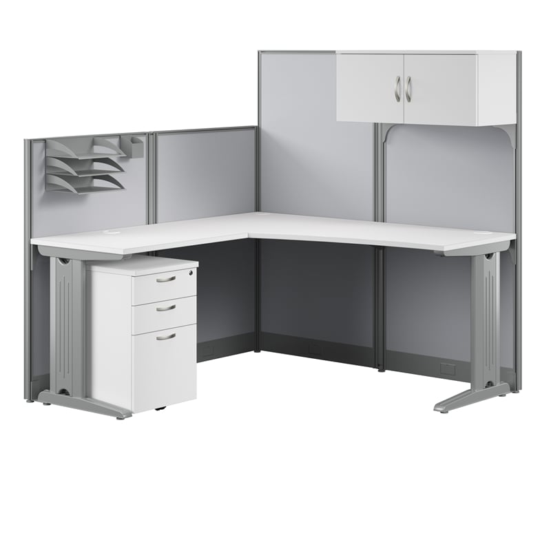Pemberly Row Set of 3 Engineered Wood L Cubicle Desk with Storage in Pure White