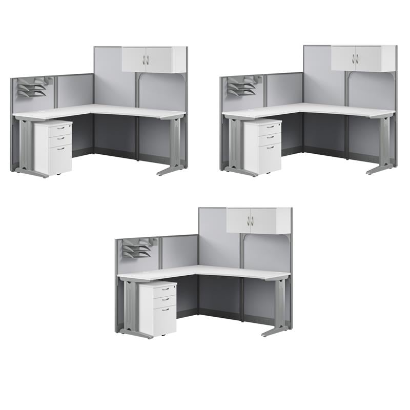 Pemberly Row Set of 3 Engineered Wood L Cubicle Desk with Storage in Pure White