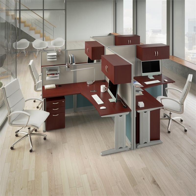 Pemberly Row Set of 2 Engineered Wood L Shaped Cubicle Desk Set in Hansen Cherry